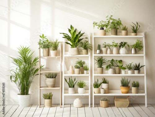 White shelves with lots of plants on them. Generative AI. © Stefan95