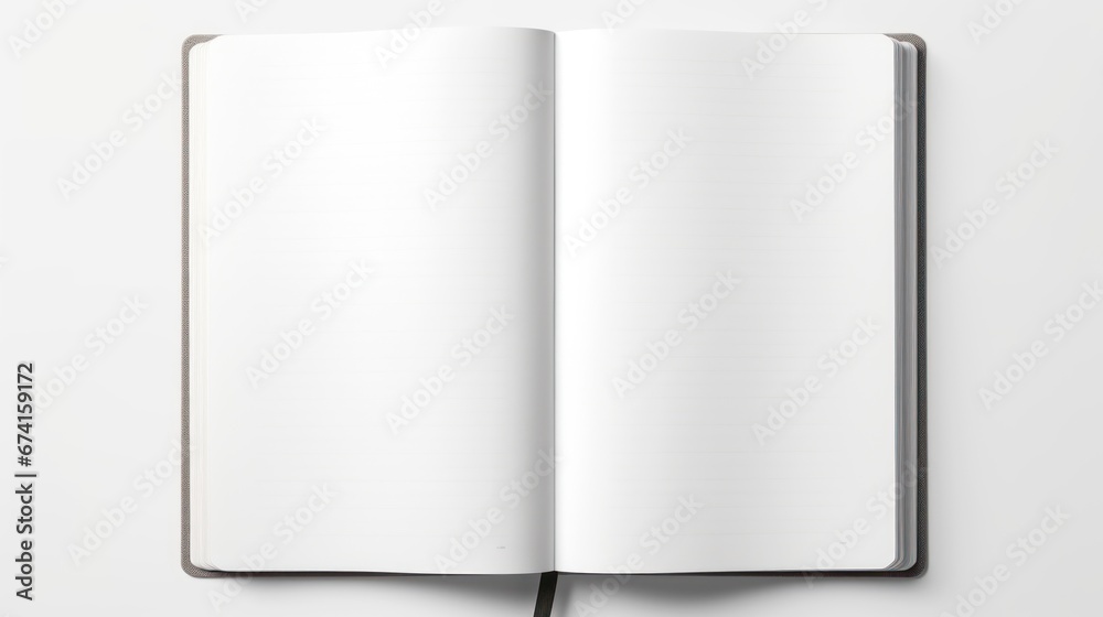 Mockup. A clean open notebook with blank sheets on a clean white background. Top view. Flat lay. With copy space. Template for design. Organizer. Close up.