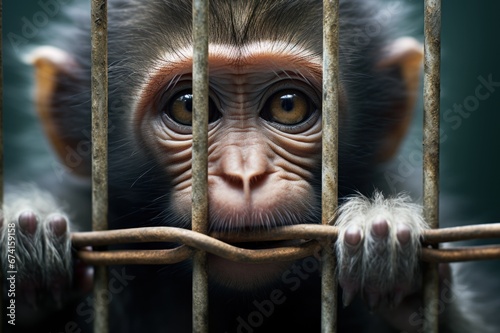Monkey locked in cage. Emaciated, skinny lonely chimpanzee in cramped cage behind bars with sad look. Concept of keeping animals in captivity where they suffer. Prisoner. Waiting for liberation. © Jafree