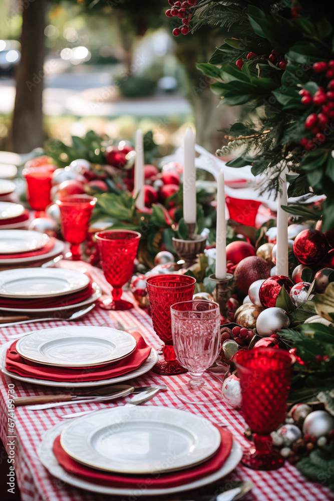 Christmas outdoor dinner table setting with garlands, ornaments and candles, red and green, vertical, winter holiday season, tablescape