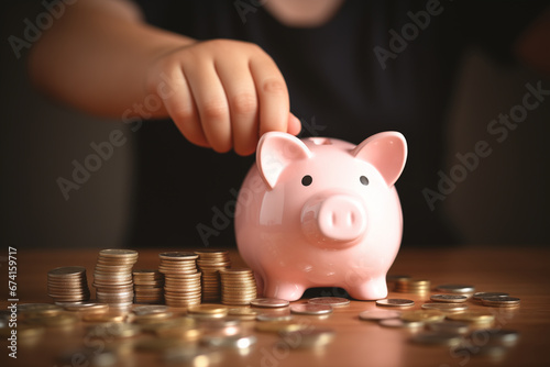 savings, mortgage, value of money. effort. close-up of a child putting coins into his beautiful piggy bank in the shape of a pink pig. economy concept, save