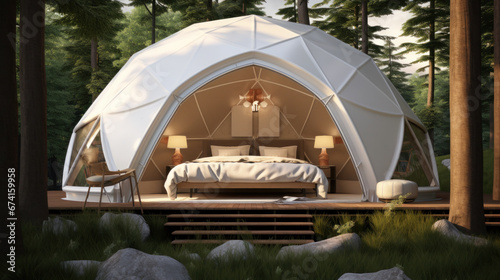Bell tent with transparent window in a forest camp