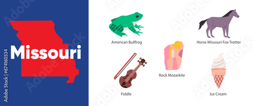 Missouri states with symbol icon of American bullfrog fox trotter fiddle mozarkite illustration