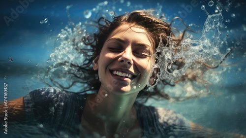Young happy woman swimming in the water