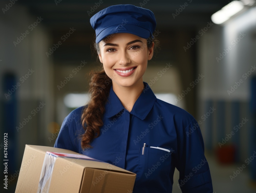 Friendly smiling woman in a postman's uniform with a parcel. Mail
