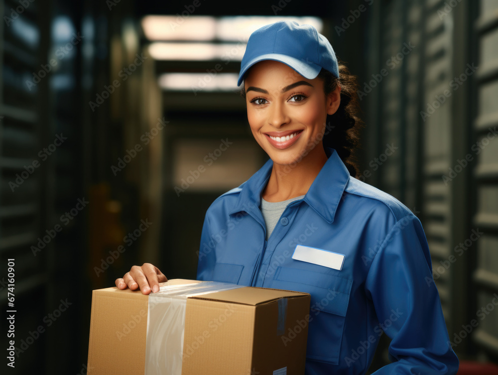 Friendly smiling woman in a postman's uniform with a parcel. Mail, delivery, parcel. Friendly smiling woman in a postman's uniform with a parcel. Mail, delivery, parcel.