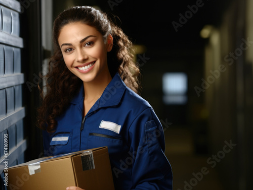 Friendly smiling woman in a postman's uniform with a parcel. Mail, delivery, parcel.