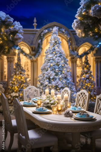 Christmas outdoor dinner table setting in the snow with decorated tree and candles at night, vertical, winter holiday season, tablescape