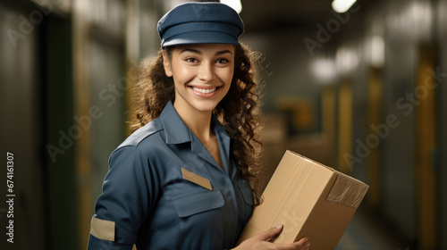 Friendly smiling woman in a postman's uniform with a parcel. Mail, delivery, parcel.