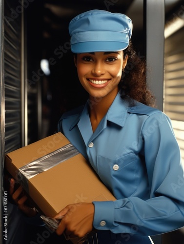 Friendly smiling woman in a postman's uniform with a parcel. Mail, delivery, parcel.