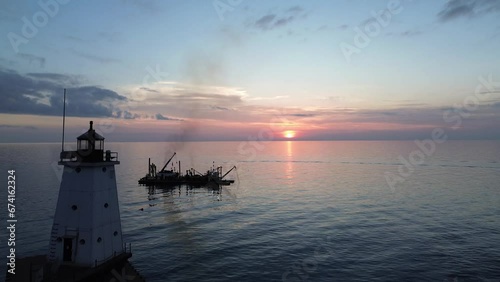 Ludington lighthouse on Lake Michigan. Aerial flyover shot at sunset towards the lake, showing a dredge in the background and some clouds in the sunset.