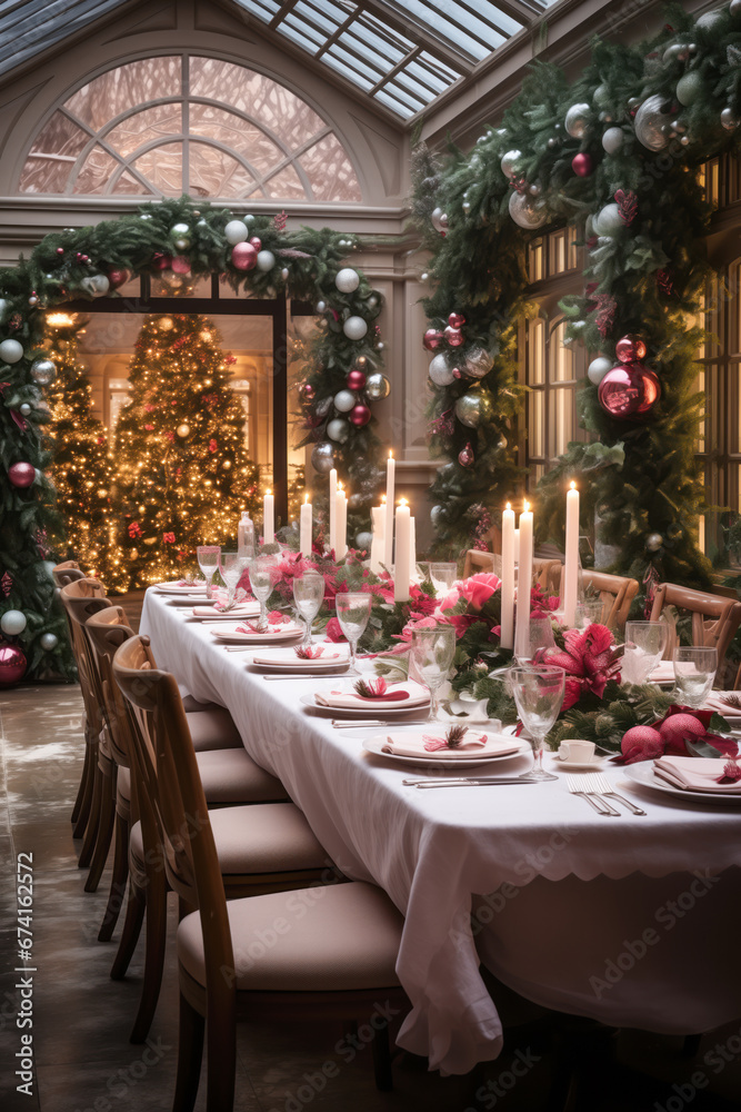 Christmas dinner table setting with decorated trees, garlands and flowers, vertical, winter holiday season, tablescape Christmas dinner table setting with decorated trees, garlands and flowers, vertical, winter holiday season, tablescape