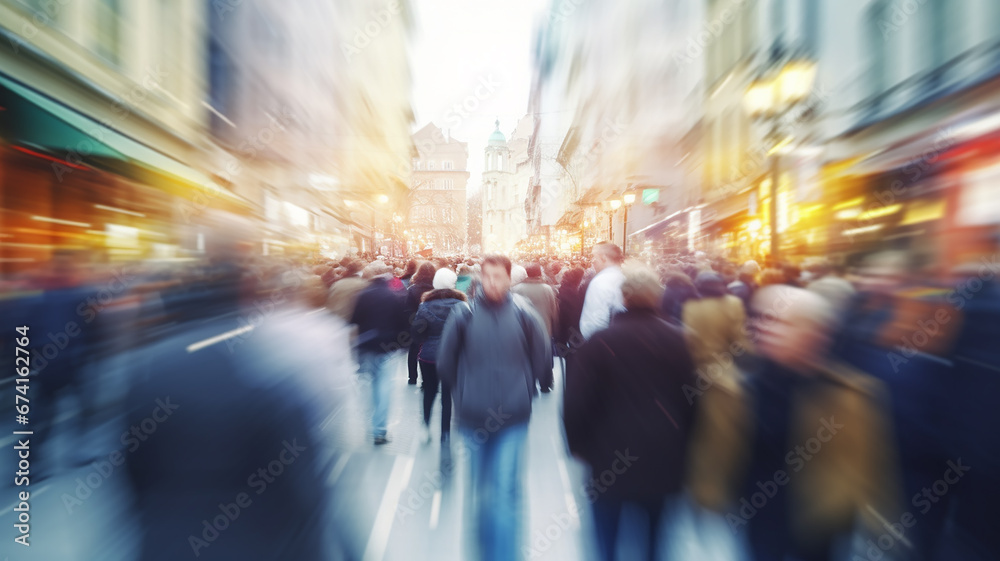 a crowd of people in the city, tourists on an old city street abstract blurred people in motion