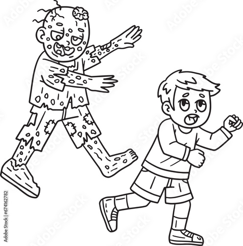 Zombie Chasing A Child Isolated Coloring Page 