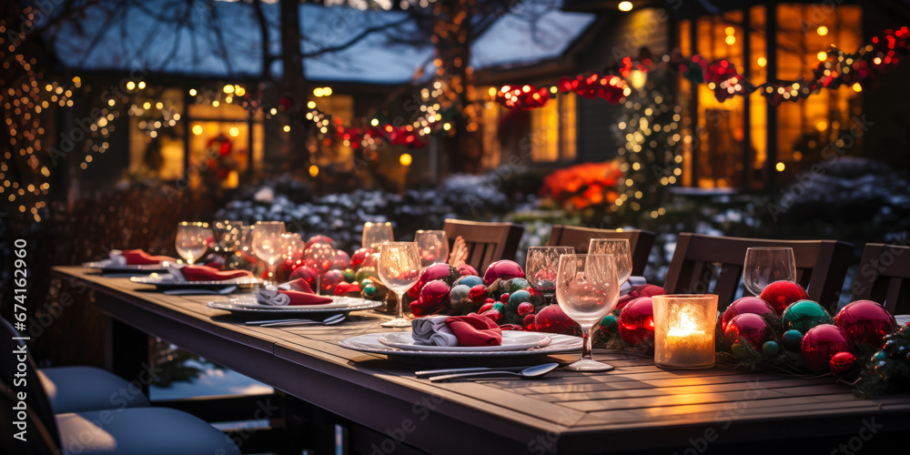 Christmas outdoor dinner table setting with ornaments, garlands, lights and candles at night, wide, winter holiday season, tablescape