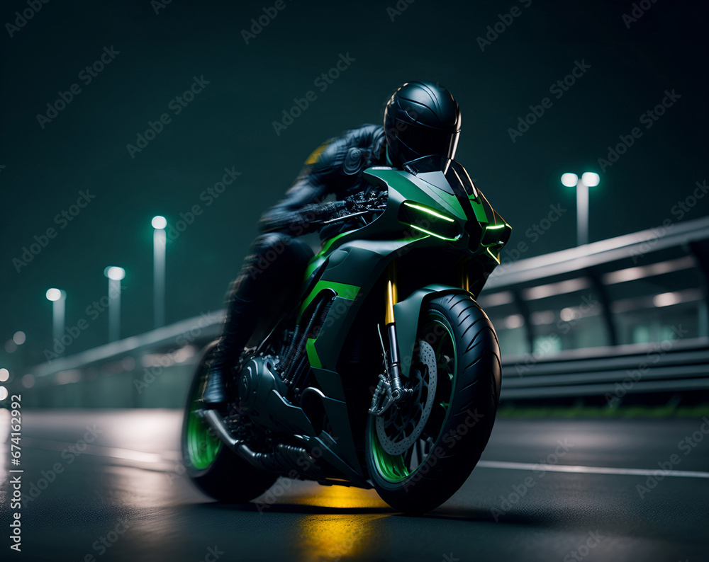 Speeding superbike on the highway. Racing sport motorcycle moving at high speed