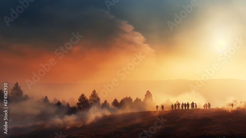 panorama of a forest fire. a group of silhouettes of people watching the landscape glow of a large wild forest fire, natural disaster cataclysm, climate warming