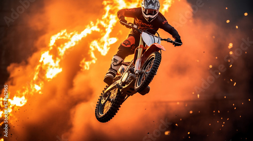 Supercross motocross motorcycle biker jumping on fire flames