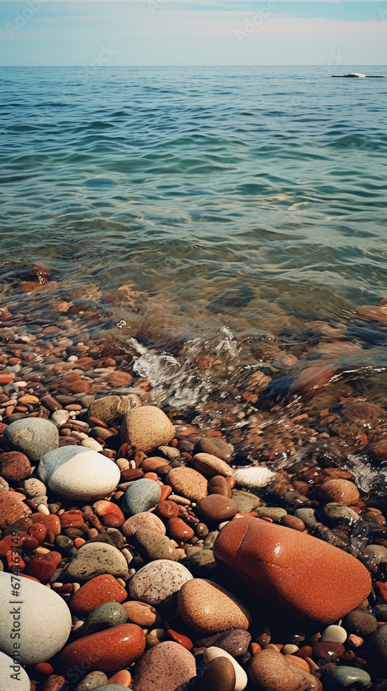 Colorful pebble beach rocks stones in the water wallpaper background