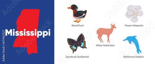 Mississippi states with symbol icon of magnolia spicebush swallowtail wood duck bottle nose dolphin deer illustration