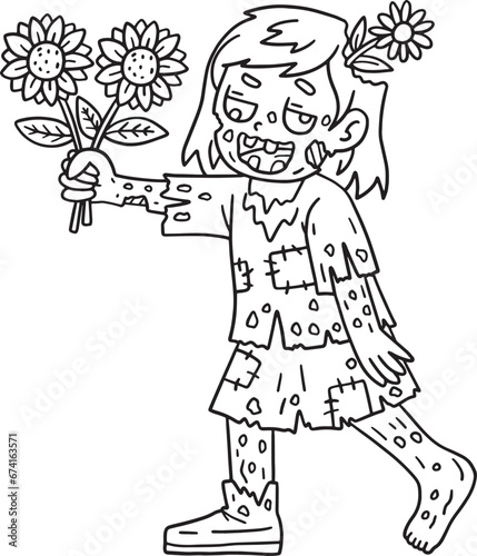 Zombie Girl Holding Sunflowers Isolated Coloring 