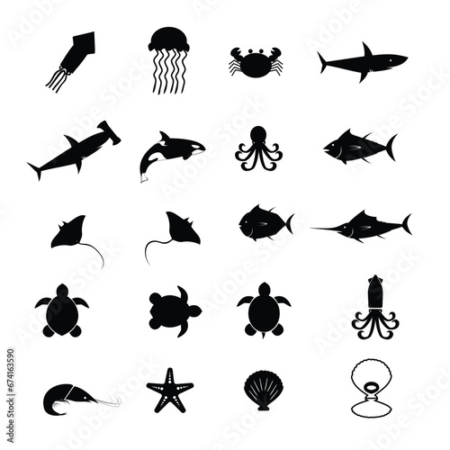 vector designs of ocean dwellers, tuna fish, sharks, whales, stingrays, marlin fish, guruta, squid, and others