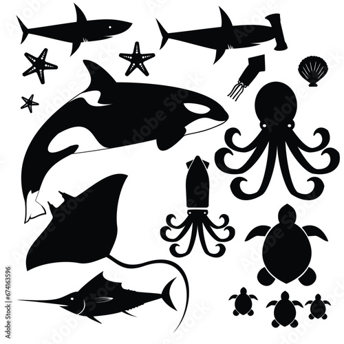 vector designs of ocean dwellers, tuna fish, sharks, whales, stingrays, marlin fish, guruta, squid, and others