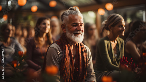 a group of active elderly people perform yoga together indoors, to improve their physical condition and well-being, and to socialize with each other, active aging concept
