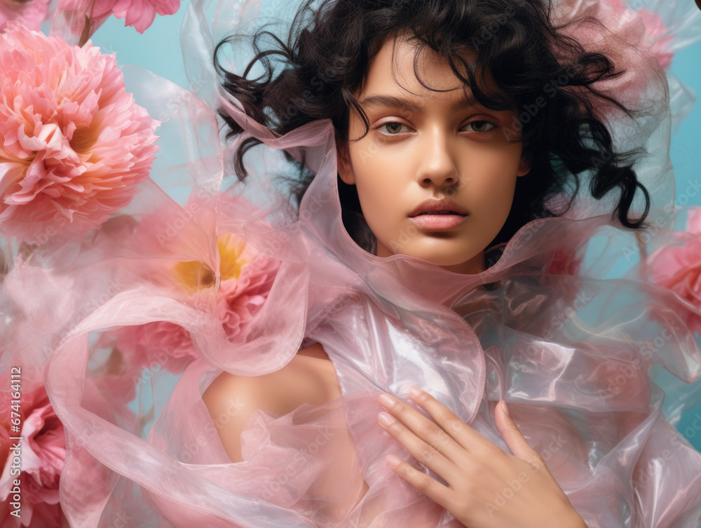 Fashion portrait of a woman with flowers. Pink tones, old-fashioned. Fashion portrait of a woman with flowers. Pink tones, old-fashioned.