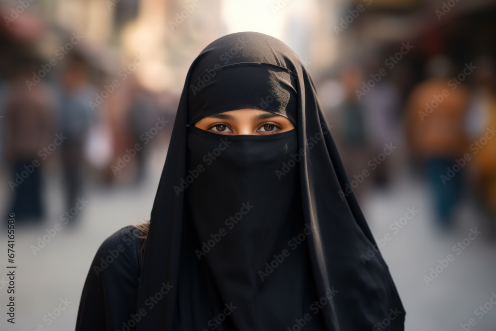 Middle Eastern woman wearing niqab on city street