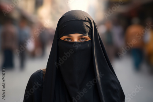 Middle Eastern woman wearing niqab on city street