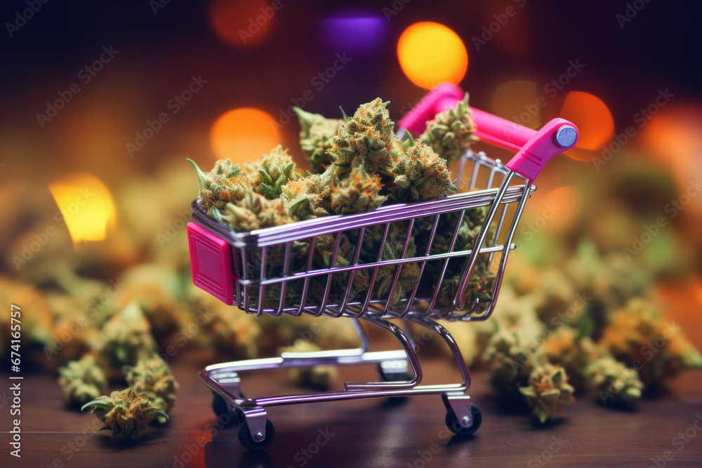 Supermarket shopping cart loaded with marijuana buds - obrazy, fototapety, plakaty 