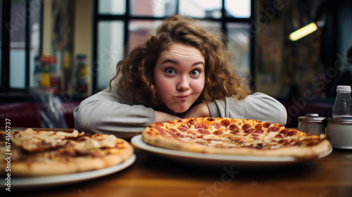 Teen girl going to eat pizza in a restaurant
