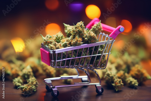 Supermarket shopping cart loaded with marijuana buds photo