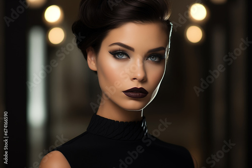 Close-up of a high fashion model with captivating European features. She wears a tasteful designer outfit that highlights her unique beauty and personal style. His expression is calm and collected
