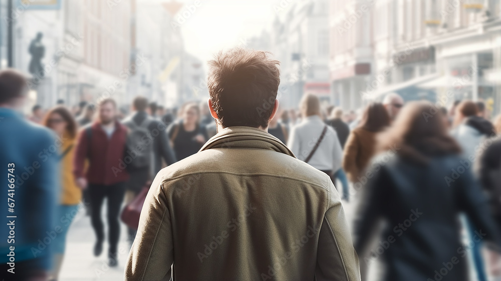 man view from the back, among the flow of people in a city crowd, an abstract migrant on a city street in society man view from the back, among the flow of people in a city crowd, an abstract migrant on a city street in society