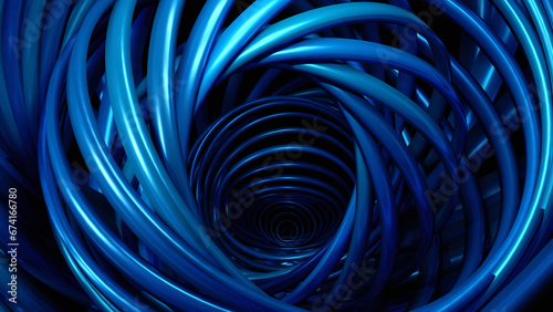 Abstract blue spiral on black background. 3d rendering of chaotic wavy surface. Futuristic background design.