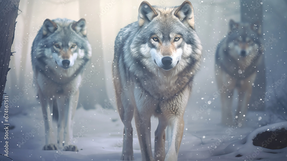 a group of wild wolves in the winter forest, wildlife a group of wild wolves in the winter forest, wildlife