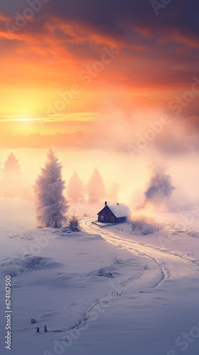 vertical view incredible landscape winter sunrise in nature, the silence of the changing season, calendar December frosty morning covered with snow and frost