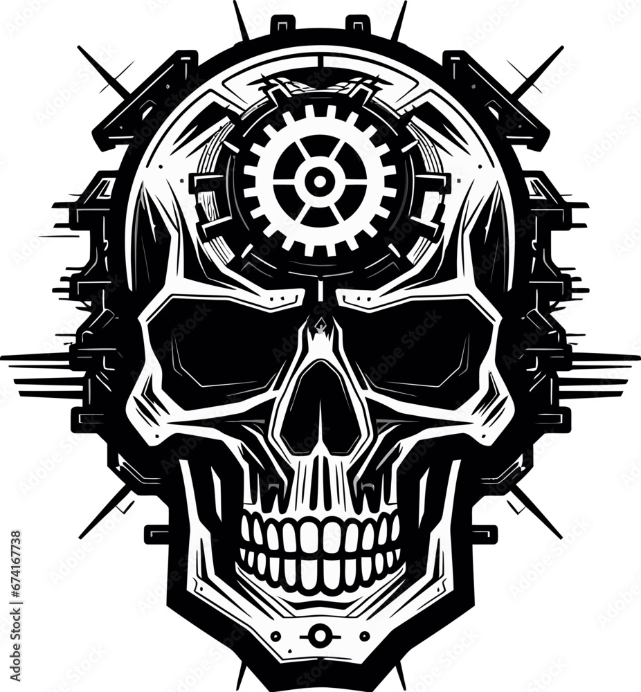 Sleek Mechanical Skull in Monochromatic Mastery Abstract Cyber Skull Graphic The Heart of the Machine