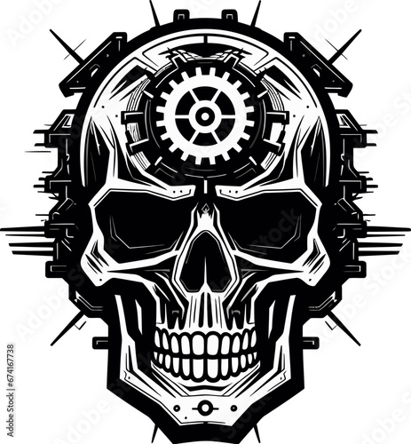 Sleek Mechanical Skull in Monochromatic Mastery Abstract Cyber Skull Graphic The Heart of the Machine