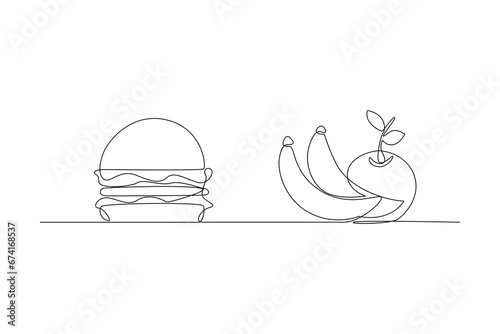 Continuous one line drawing Healthy vs unhealthy food. food nutrition concept. Doodle vector illustration.