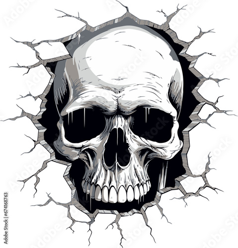 Intricate Wall Intrusion A Glimpse of the Hidden Skull Eyes in the Unknown A Cryptic Skull in Vector Design