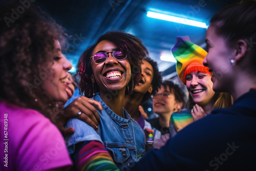 LGBT community celebrating gay pride day festival. Group of diverse joyful cheerful people having fun together. Generation z and social event, pride. Generative AI content