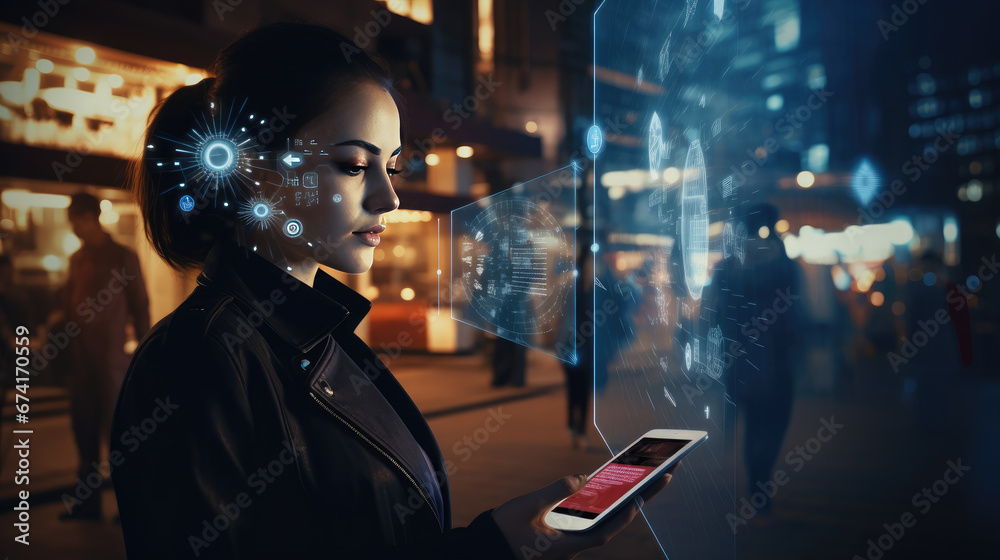 Businesswoman using smartphone,a woman using a facial recognition app to secure the phone - obrazy, fototapety, plakaty 