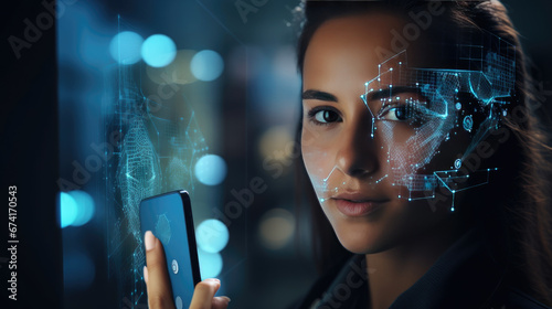 Businesswoman using smartphone,a woman using a facial recognition app to secure the phone photo