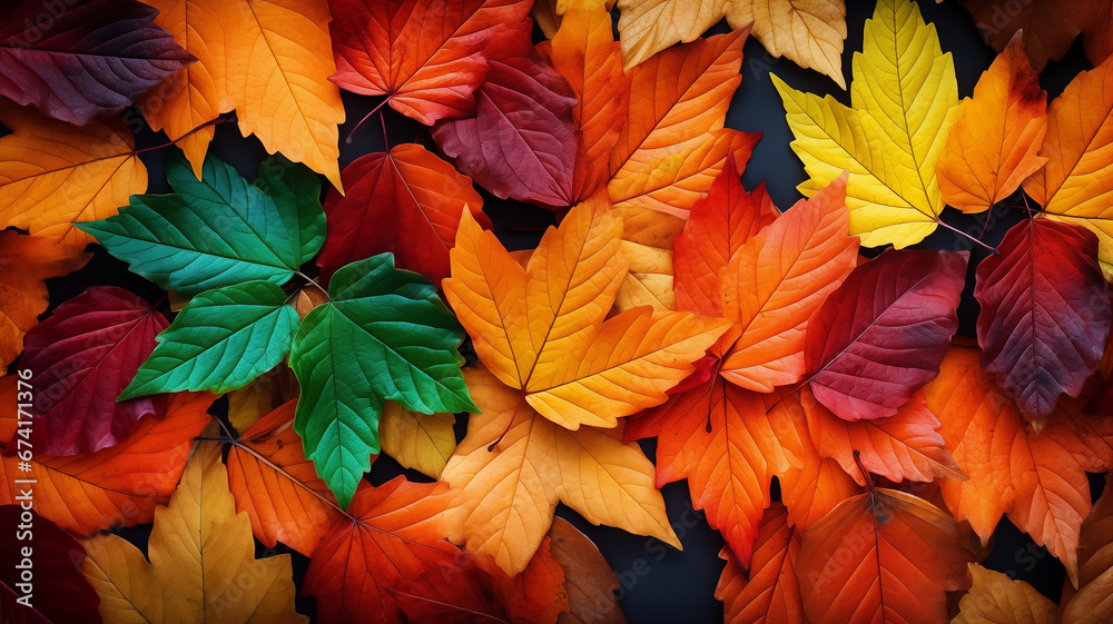 Colorful fallen autumn leaves background,  Multicolored maple leaves lie on the ground.