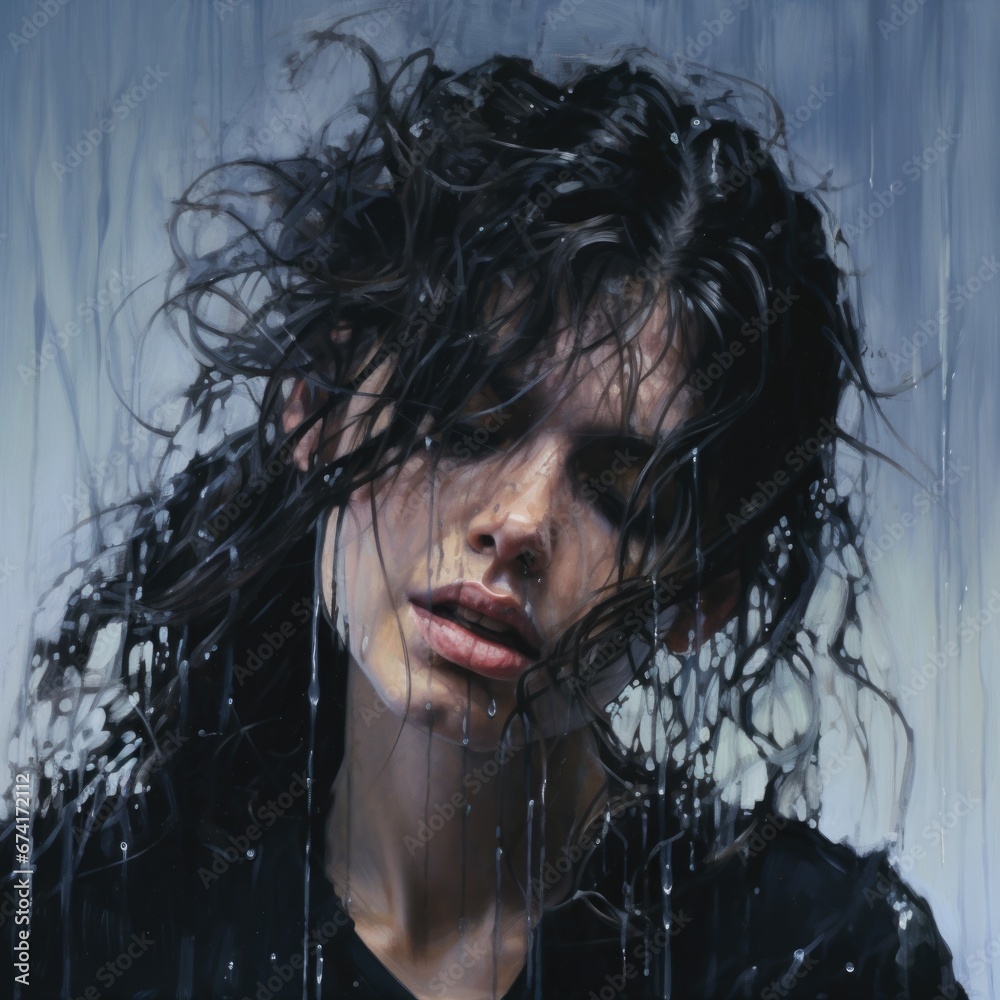 Portrait of a woman in the rain. Feminine beauty. Abstract image of a beautiful woman for interior design.