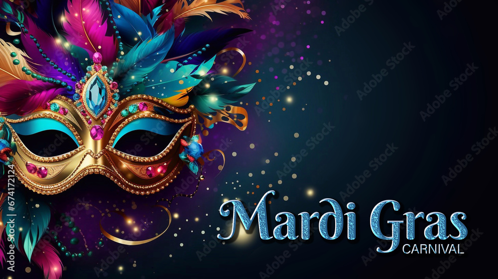 Happy Mardi Gras Carnival Poster Design with Venetian masks in gold, purple and green colors