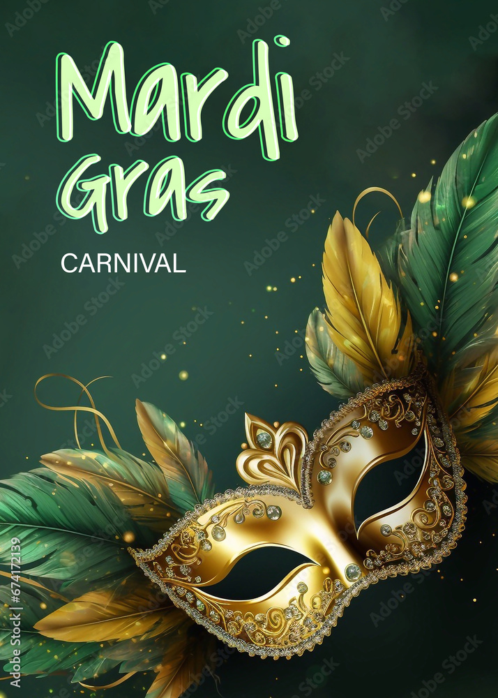 Happy Mardi Gras Carnival Poster Design with Venetian masks in gold, purple and green colors - obrazy, fototapety, plakaty 